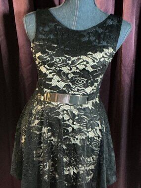 Black V Dress with Gold Accent Faux Belt - New